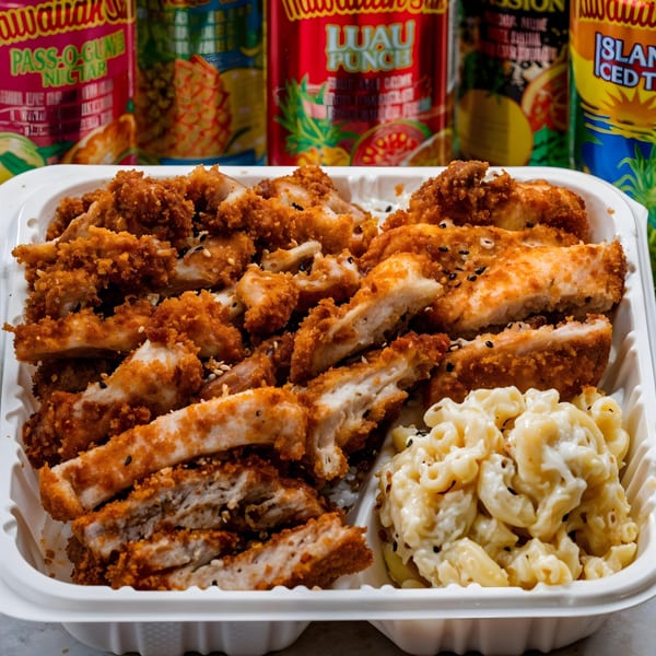 Noble House Hawaiian Restaurant's crispy chicken katsu with macaroni salad and Hawaiian Sun drinks in the background.