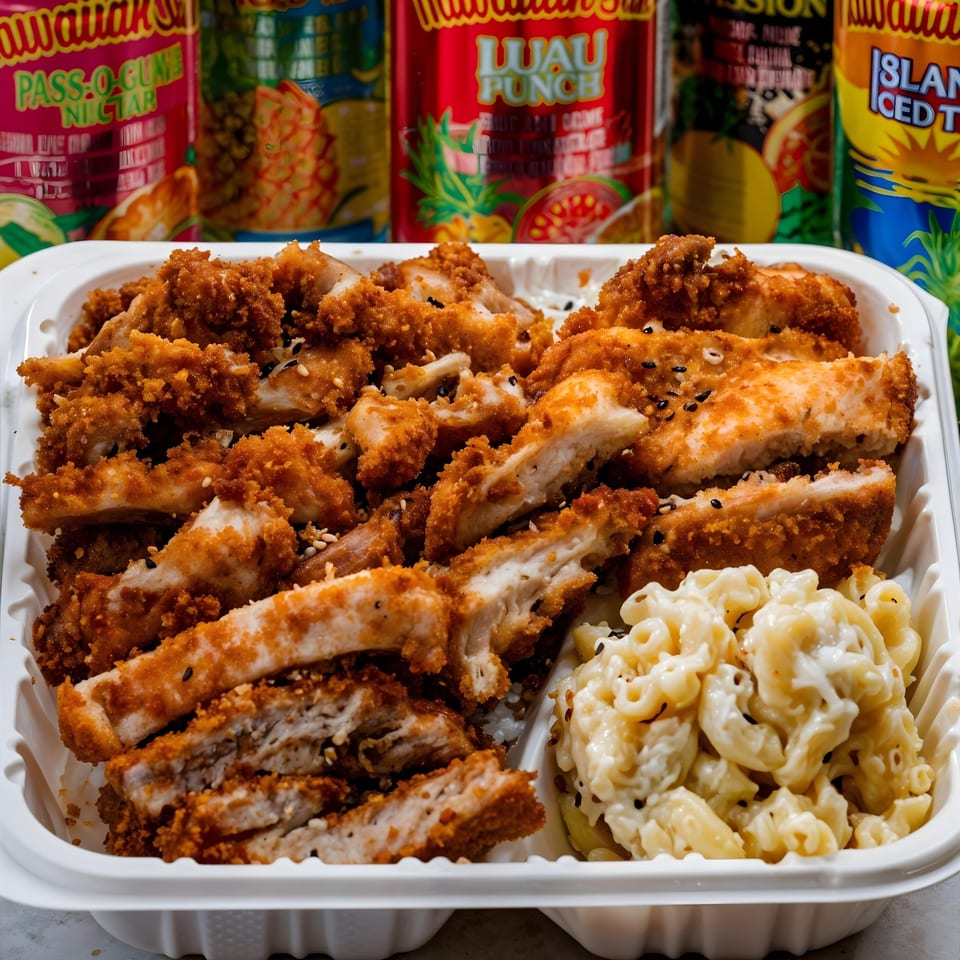 Noble House Hawaiian Restaurant's crispy chicken katsu with macaroni salad and Hawaiian Sun drinks in the background.